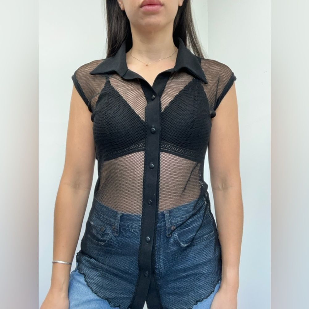 Vintage Y2K Black Mesh Sheer Fish Net Short Sleeve Button Front Top Size M